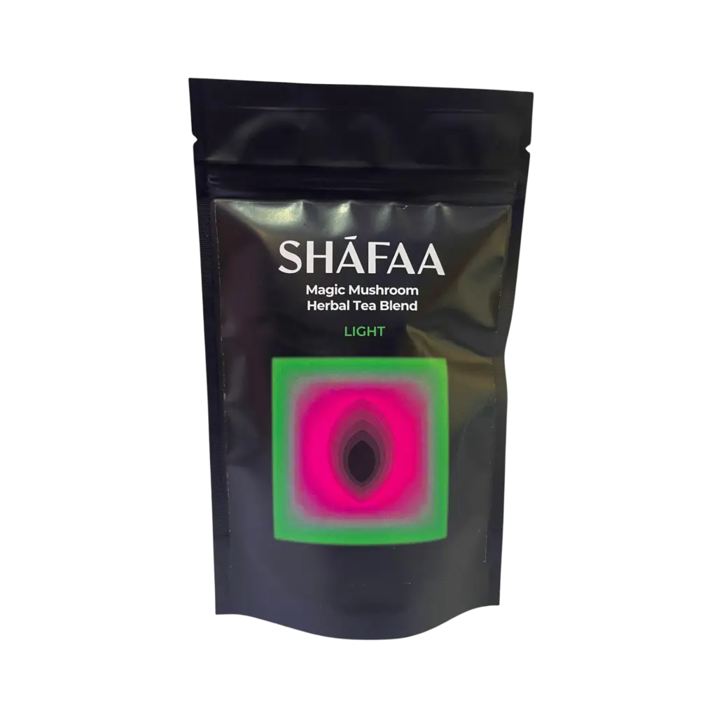 Pouch of SHÁFAA Magic Mushroom Herbal Tea Blend, Light, a black resealable bag with a neon pink–green square graphic on the front.