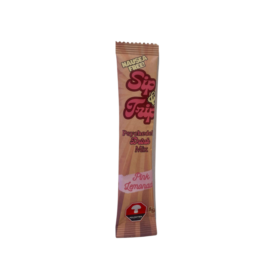 Pale pink Six & Trip Psychedelic Drink Mix package labeled 'Pink Lemonade' against a black background, tall vertical bag design