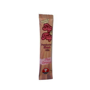 Pale pink Six & Trip Psychedelic Drink Mix package labeled 'Pink Lemonade' against a black background, tall vertical bag design