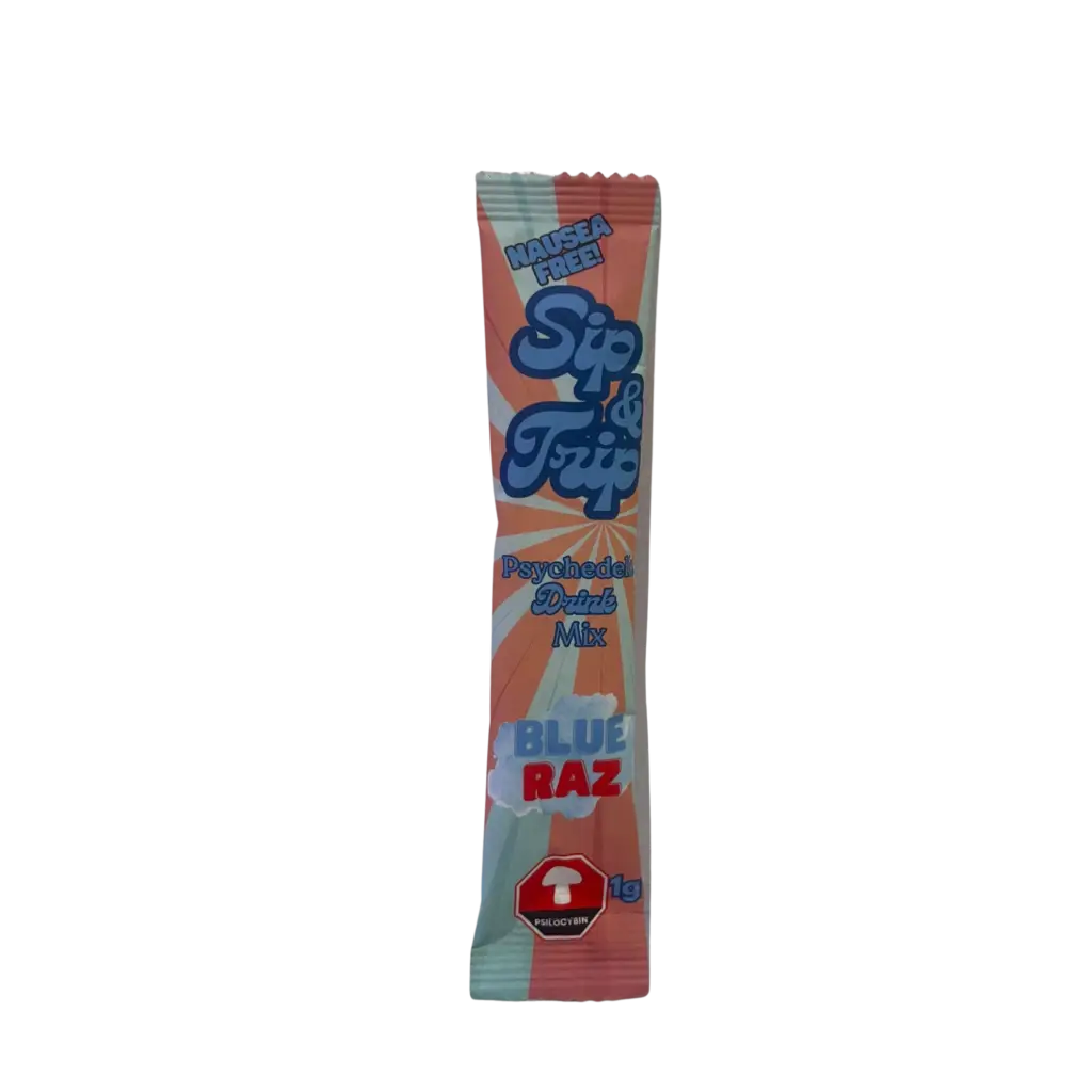Psychedelic drink mix sachet labeled 'Sip & Trip' Blue Raz