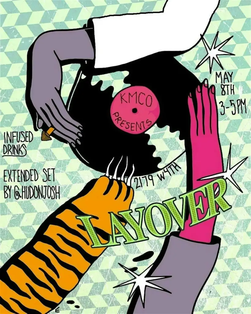 Colorful illustrated event poster advertising an event on May 8th from 3–5 PM with infused drinks; features a tiger-striped orange arm and stylized hands reaching toward a pink circle.
