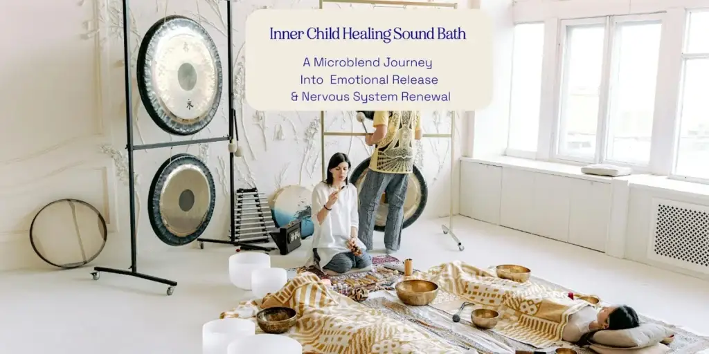 Promotional banner for an Inner Child Healing Sound Bath session in a bright studio with gongs and meditation setup.