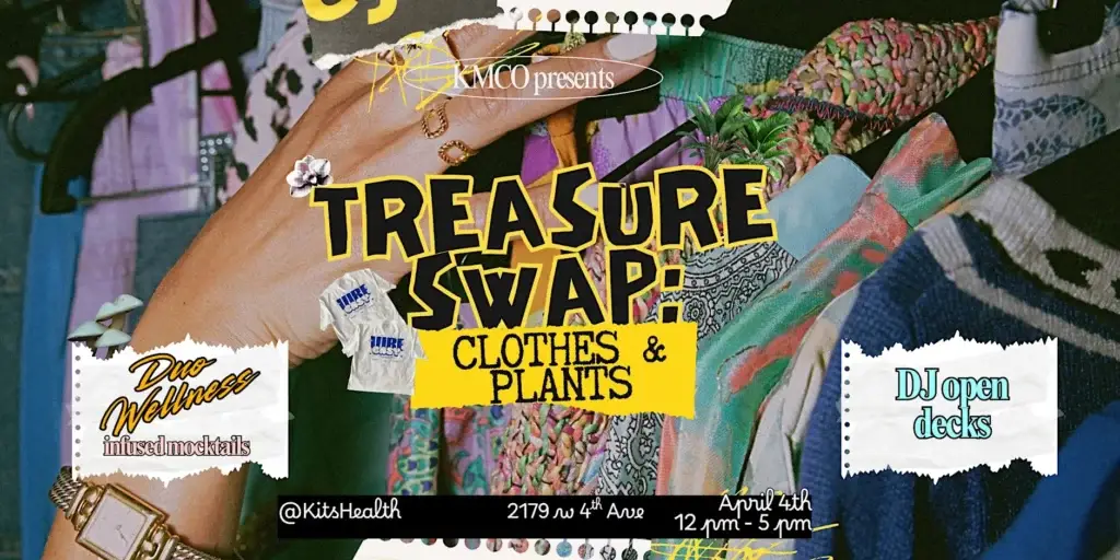 Vibrant poster advertising a Treasure Swap for clothes and plants with bold yellow lettering over colorful fabrics.