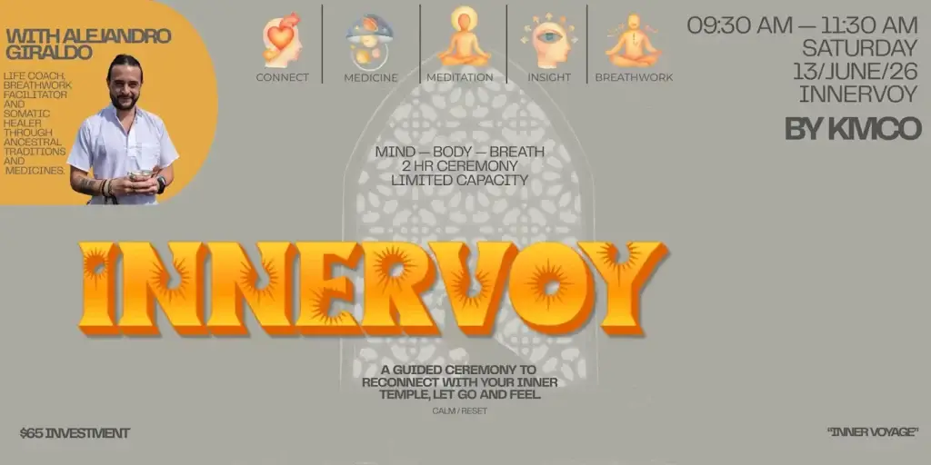 Event poster for InnerVoy: a mind–body–breath 2-hour ceremony with a large orange INNERVOY title, ritual icons, and a speaker photo on the left.