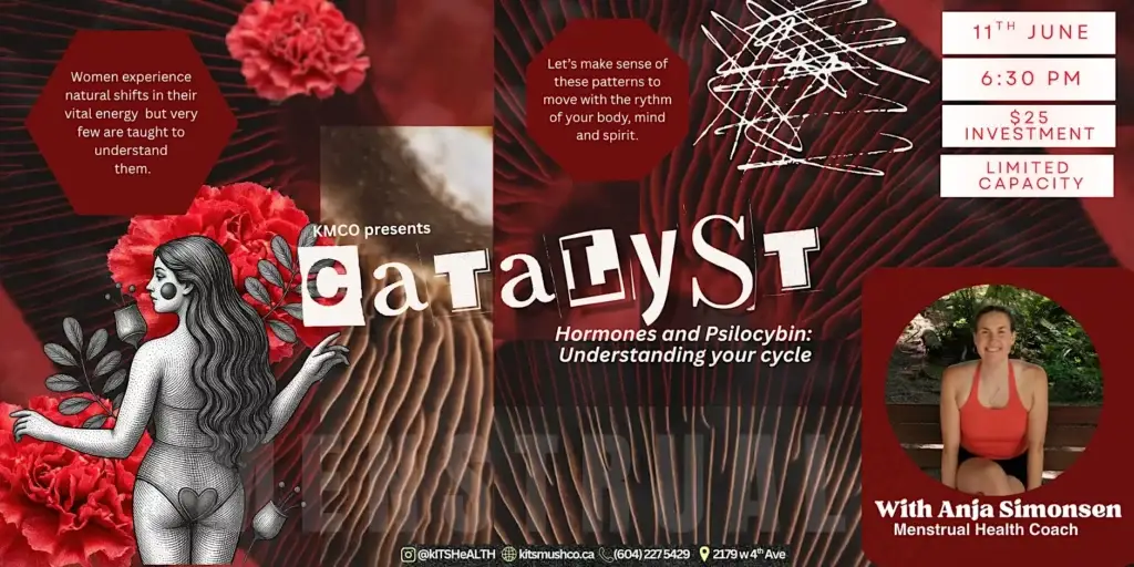 Promotional poster for a talk on hormones and psilocybin with a red collage background, illustrated woman, and boxed event details on the right.