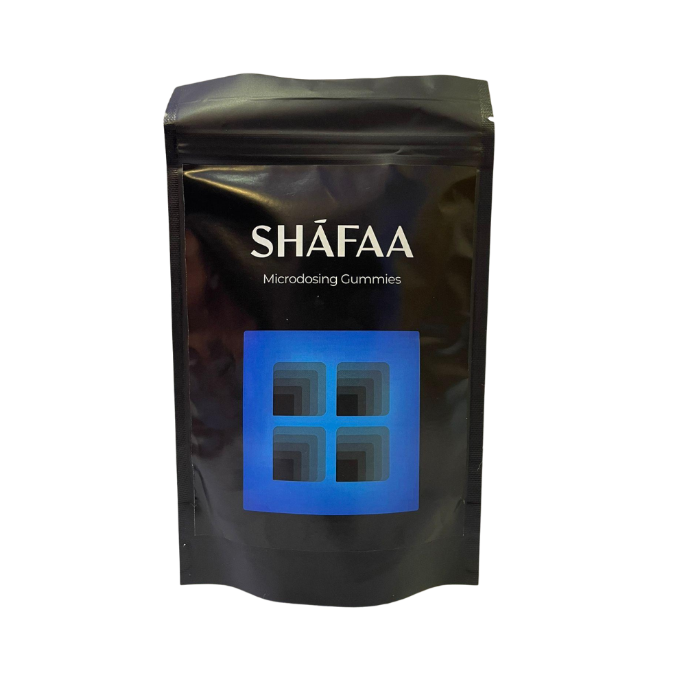 SHAFAA Microdosing Gummies package with a blue square graphic on a black pouch, front view revealing product name and design