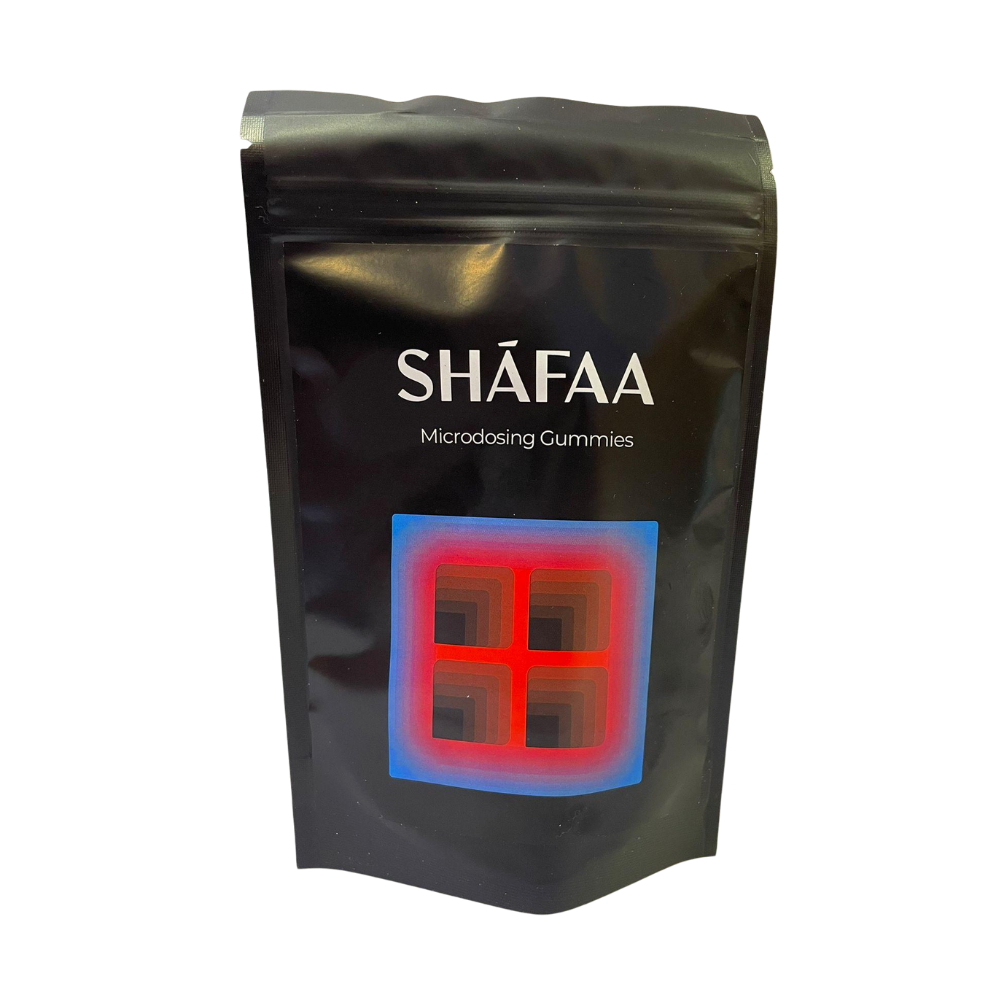 Black resealable pouch labeled SHĀFAA Microdosing Gummies with a blue square logo containing four red squares.