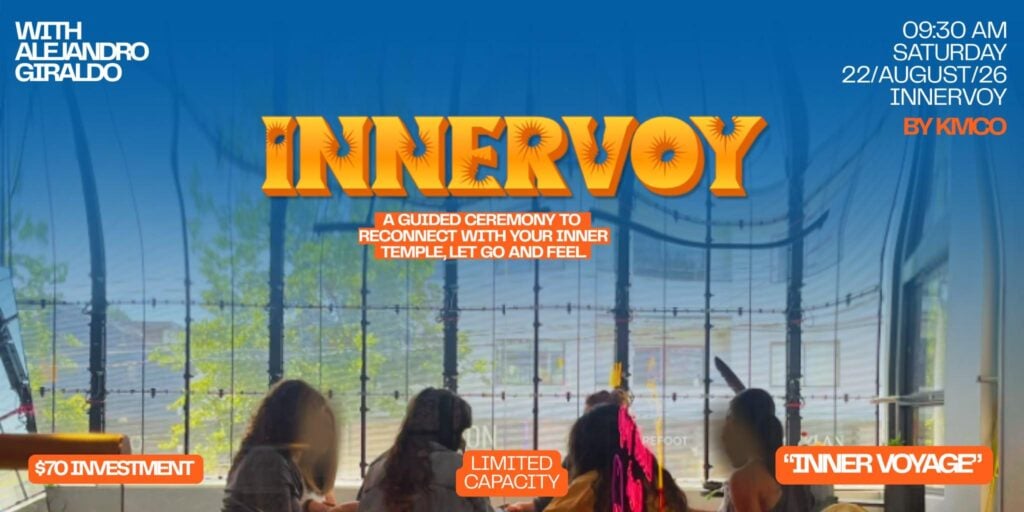 Promotional banner for INNERVOY event with bold orange 'INNERVOY' text and white event details at the top, viewers inside a glass-walled venue.