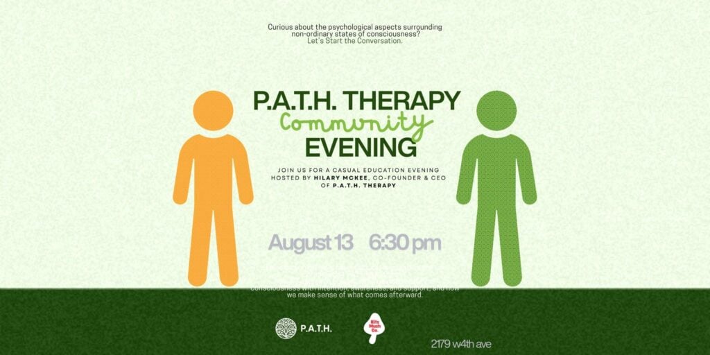 Event flyer for P.A.T.H. Therapy Community Evening featuring orange and green figure silhouettes on either side, with date/time August 13, 6:30 pm and host Hilary McKee.